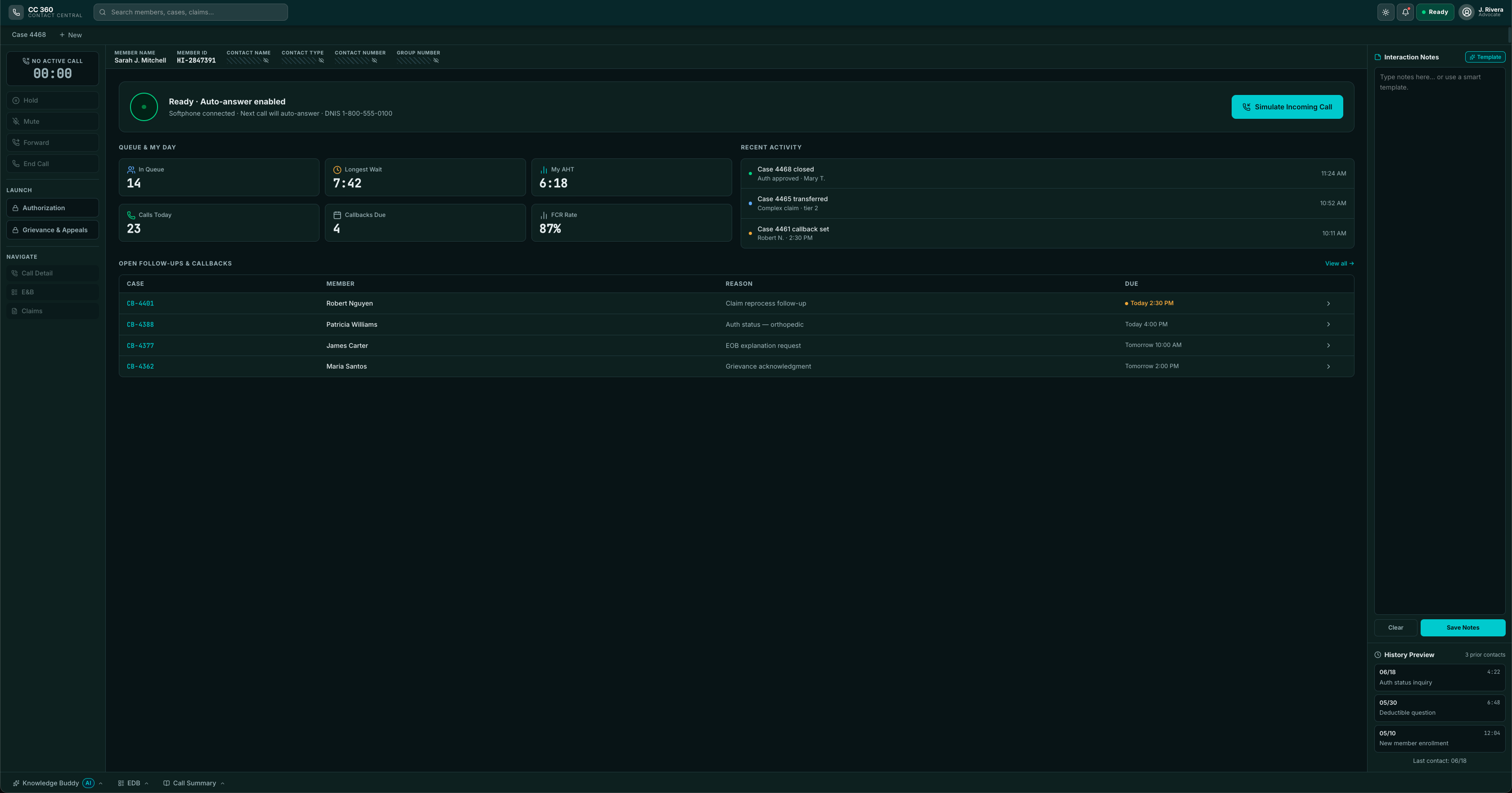 Contact Central 360 advocate desktop shown in the dark theme