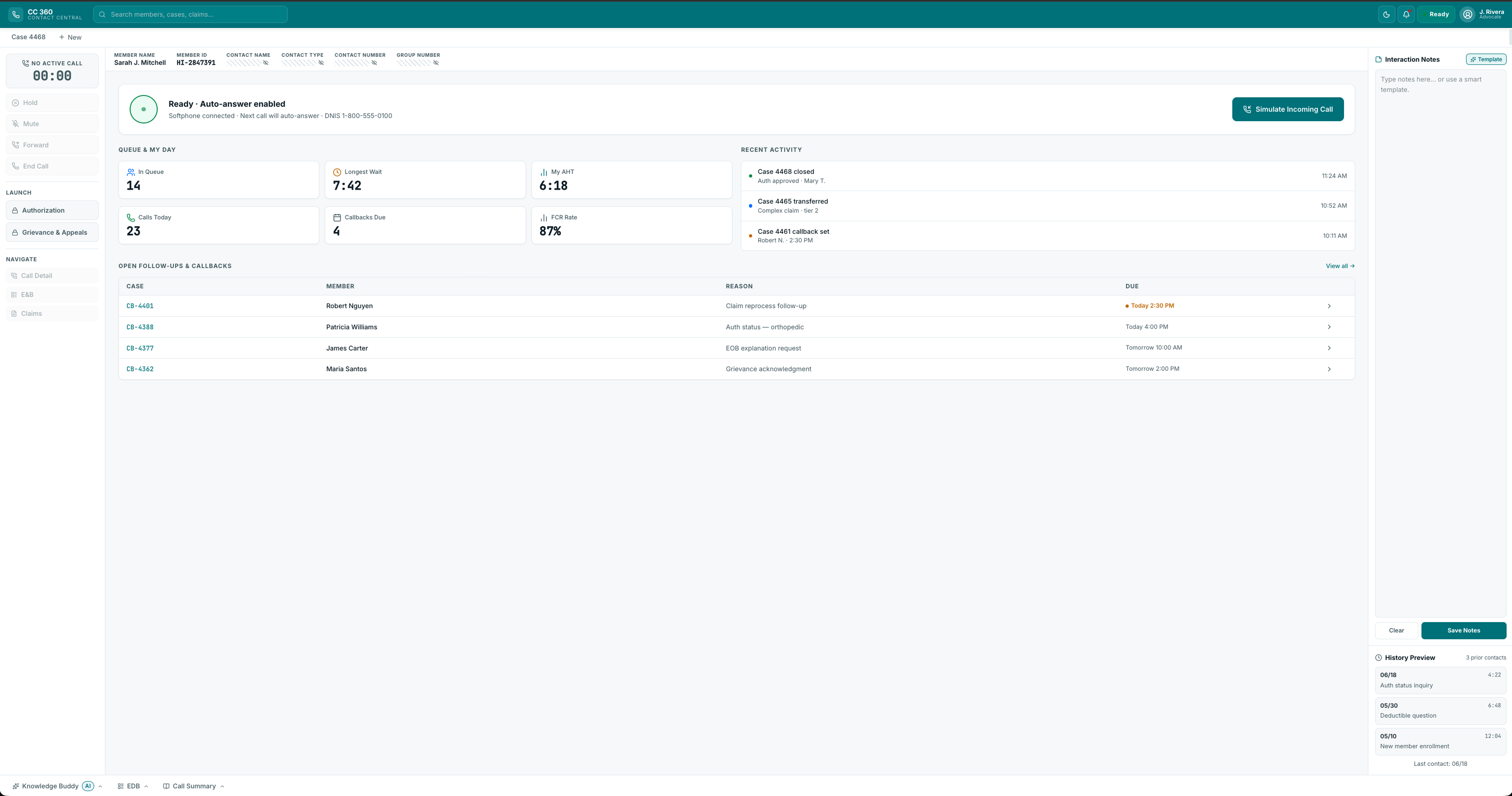 Contact Central 360 advocate desktop shown in the light theme