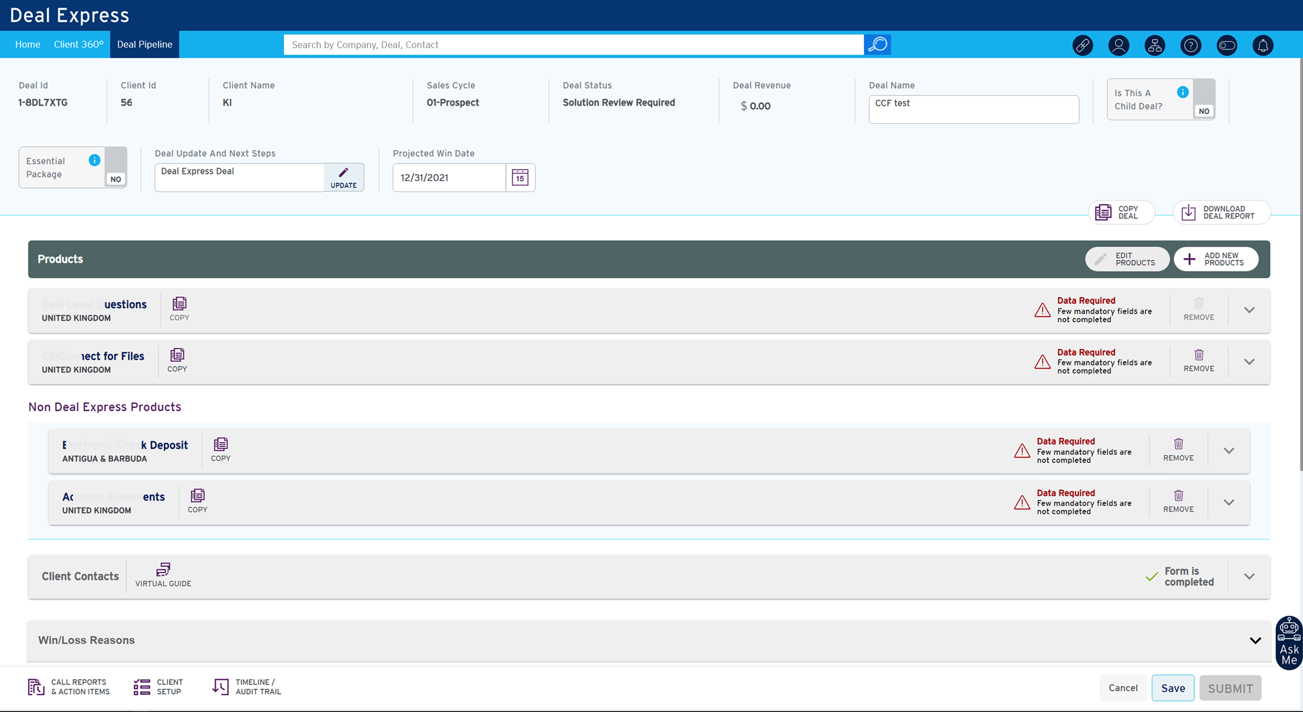 the original deal form: one long sequential page with deal header fields, a products list and client contacts stacked below each other, several rows flagged data required