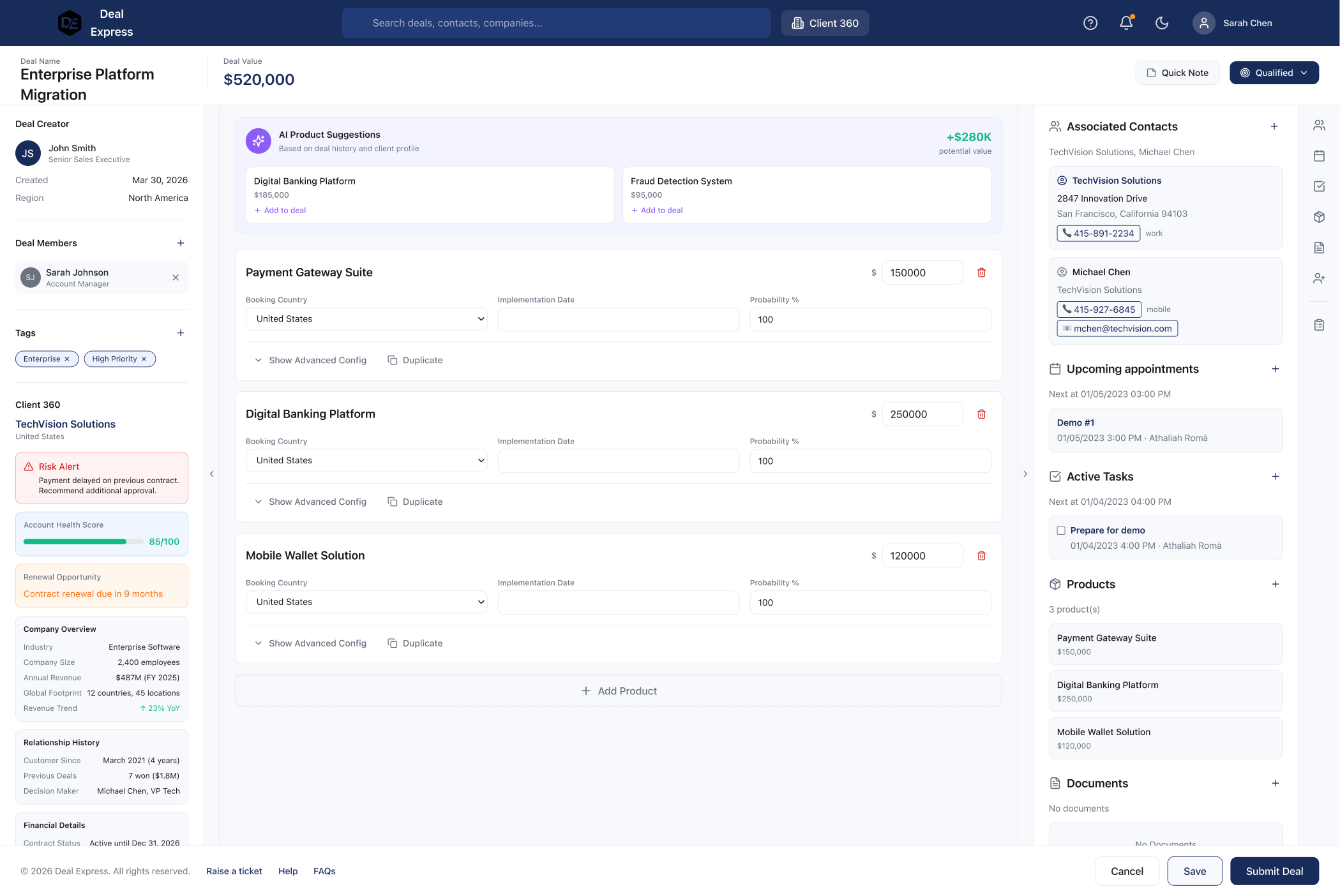the reimagined deal form: products as cards in the centre, client context, risk alerts and account health in a side panel, and ai product suggestions at the top